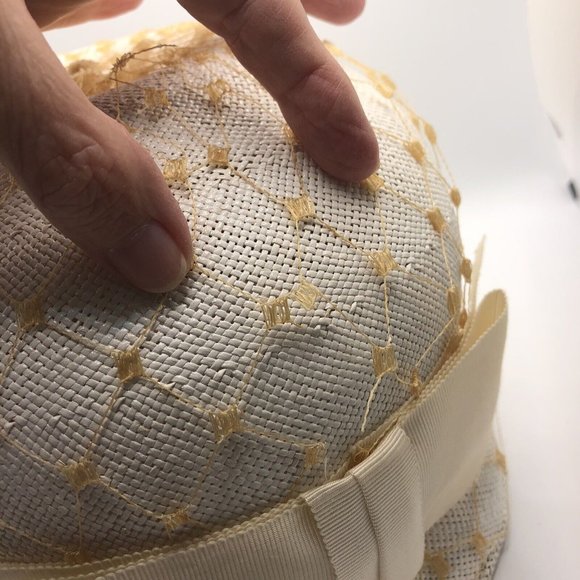 vintage Bucket Hat ivory straw with Yellow netting main image 10